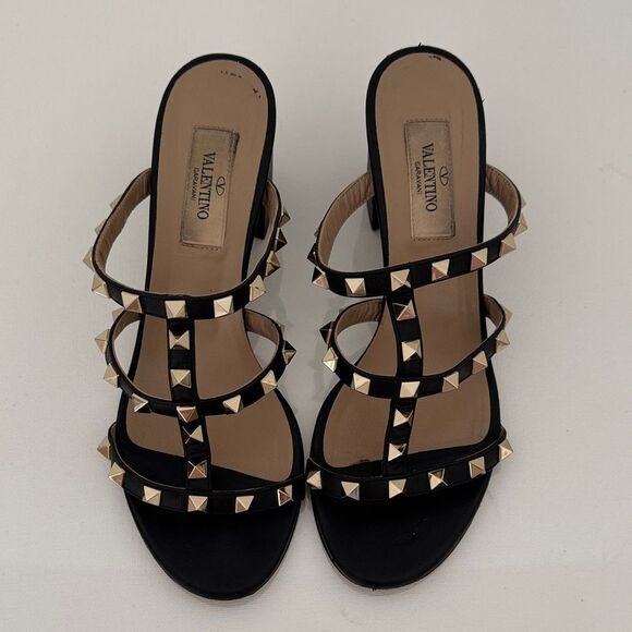 Valentino Black Leather Rockstud Open Toe Heels Sandals Shoes Size EU 36.5 6.5 - Picture 1 of 9